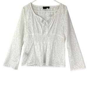 Parallel White Floral Devore Blouse 14 Tie Split Neck Long Bell Sleeve Smock